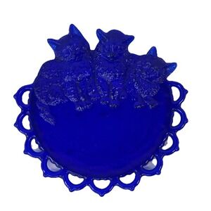 Westmoreland Blue Glass Three Little Kittens Plate, Lace Edge 8in